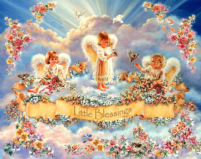 ★Little Blessings★, pretty, Christmas, little angels, bonito, angels, xmas and new year, paintings, heaven, flowers, wings, lovely, colors, love four seasons, birds, creative pre-made, blessings, weird things people wear, nature, HD wallpaper