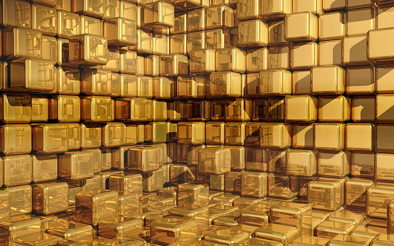 golden cubes 3D cubes texture, golden backgrounds, creative, square textures, 3D squares background, HD wallpaper