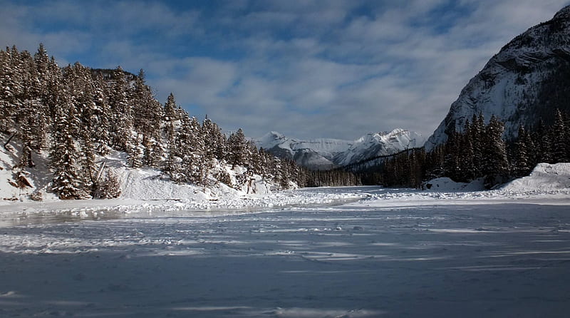 Rocky Mountains and frozen Bow river, Western Canada, Canada, Alberta, Banff, Rockies, Bow river, Winter, HD wallpaper