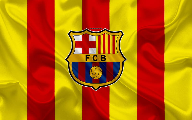 Barcelona FC, flag of Catalonia, emblem, logo, silk texture, yellow red flag, Catalonia, Spain, Catalan football club, HD wallpaper