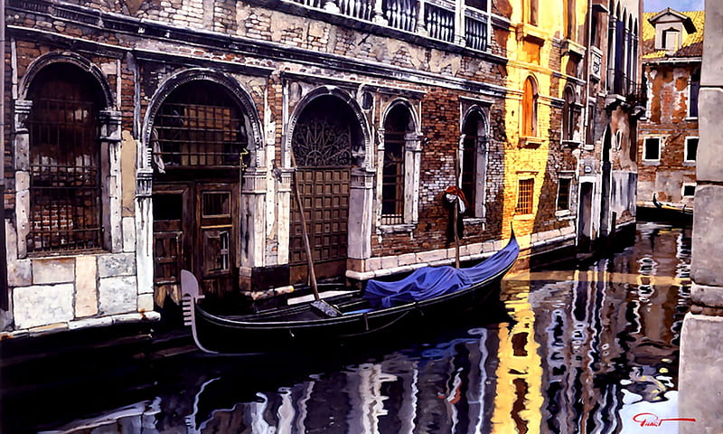 Gondola, art, canal, Italy, bonito, illustration, artwork, Venice, painting, wide screen, scenery, HD wallpaper