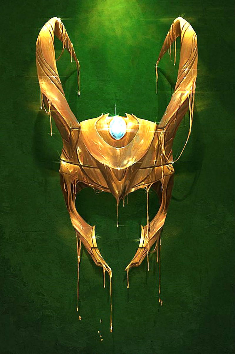 Loki Helmet, avenger, avengers, comic, comic book, comic books, comics, dc, evil, gold, green, marvel, melting, ragnarok, thor, thors brother, villain, HD phone wallpaper