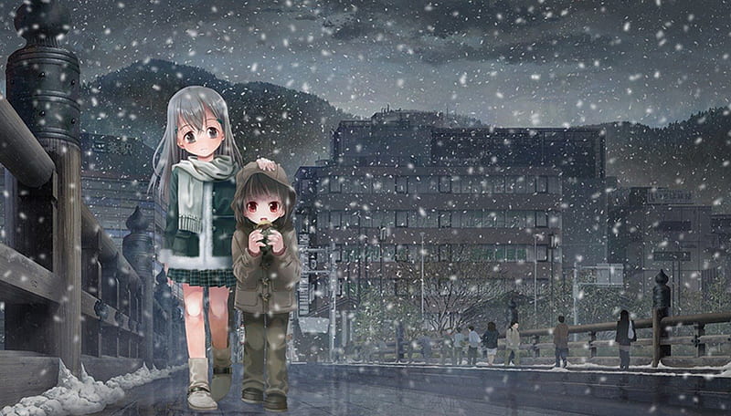 Winter Night, pretty, house, children, sweet, nice, anime, beauty, anime girl, child, long hair, lovely, food, town, sexy, winter, building, cute, snow, walking, eating, scenic, bonito, eat, cold, kid, city, hot, scenery, road, street, female, girl, walk, ty, scene, HD wallpaper