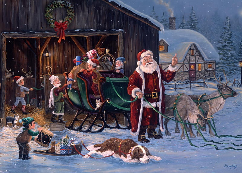 CHRISTMAS TOY SHOP, RAINDEER, DOG, SLIEGH, SANTA, HD wallpaper