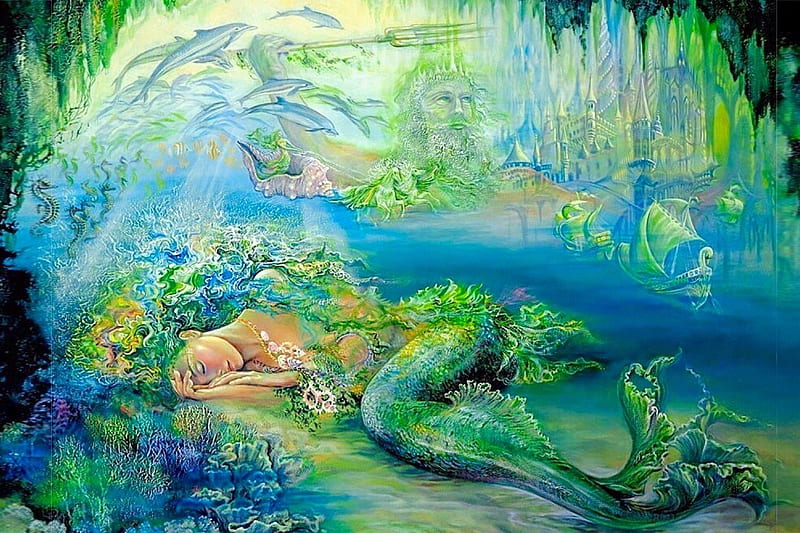 Sleeping Mermaid, paintimg, fantasy, Mermaid, ocean, HD wallpaper