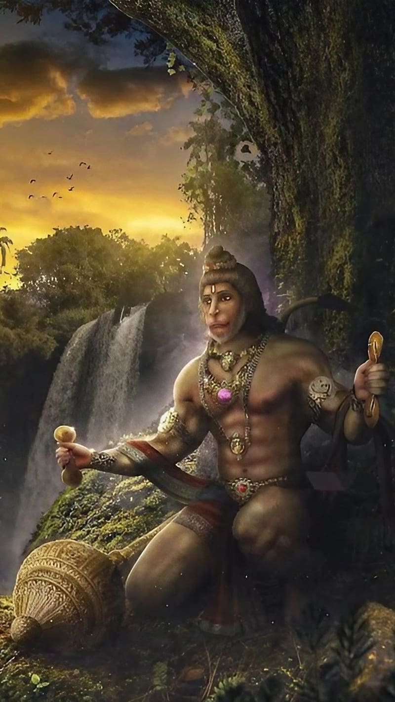 Sri Anjaneya, Waterfall Background, lord hanuman, god, HD phone ...