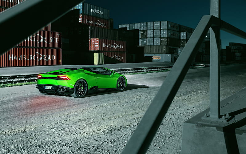 Lamborghini Huracan, green Huracan, tuning Lamborghini, sport car, Spyder, Novitec Torado, sea port, containers, HD wallpaper