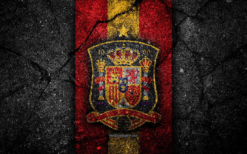 Spanish football team emblem, UEFA, Europe, football, asphalt texture, soccer, Spain, European national football teams, Spain national football team, HD wallpaper