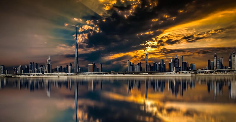 Dubai, amazing, sunset, city, sea, HD wallpaper