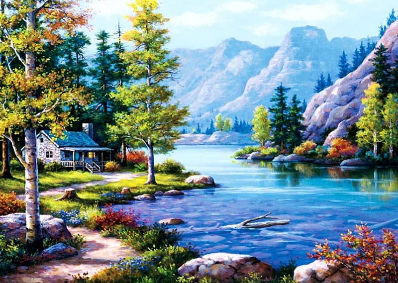 Lakeside Lodge, mountains, painting, cabin, trees, artwork, landscape, HD wallpaper