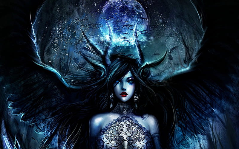 Fallen angel, art, wings, moon, black, woman, maleficent, horns, demon ...