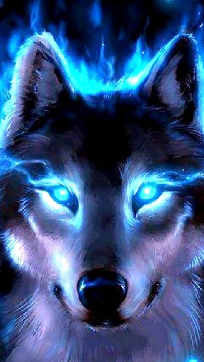 Neon blue wolf, black, cats, fire, ice, moon, snow, wolves, HD phone wallpaper