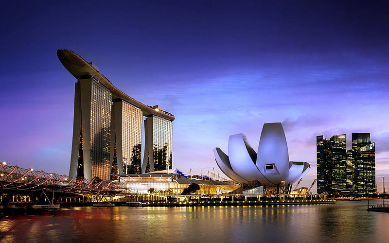 Singapore, Marina Bay, evening, sunset, skyscrapers, Marina Bay Sands, Singapore panorama, Singapore cityscape, HD wallpaper