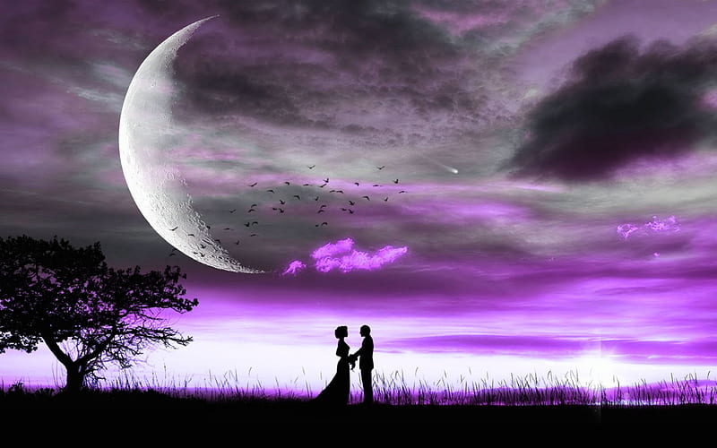 Young at Heart, fantasy, moon, purple, couple, HD wallpaper