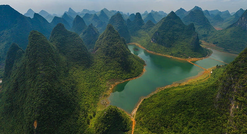GUILIN NATIONAL PARK, CHINA, hills, forest, lakes, grass, domes, water, green, landscapes, rivers, HD wallpaper