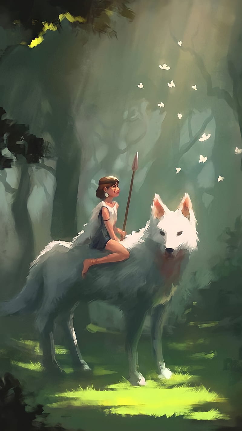 Hunting girl, anime girl, bonito, cloud, princess, wolf, wolves, HD phone wallpaper