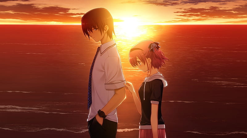 boy girl sad sunset sea-2013 Anime, HD wallpaper