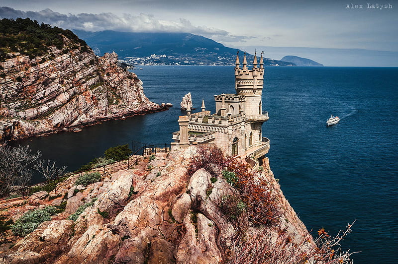 Buildings, Swallow's Nest, Black Sea, Castle, Crimea, Rock, Russia, Sea, Ship, HD wallpaper
