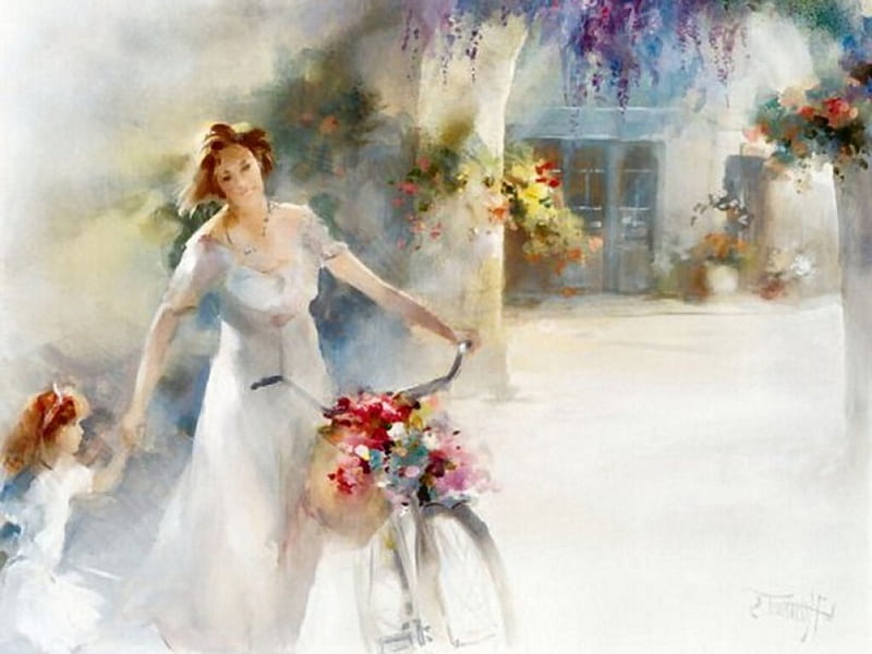 Mother on Bicycle FC, art, cityscape, bicycle, bonito, woman, artwork, painting, wide screen, flowers, lady, scenery, HD wallpaper