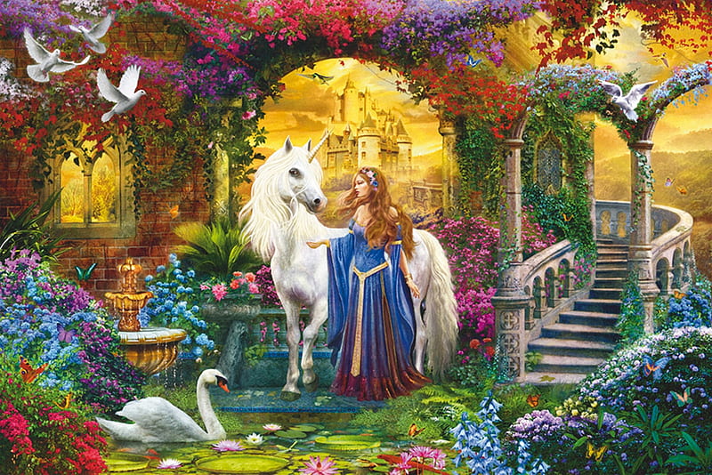 Princess and unicorn, wan, fantasy, bird, girl, luminos, unicorn, pasari, princess, animal, HD wallpaper
