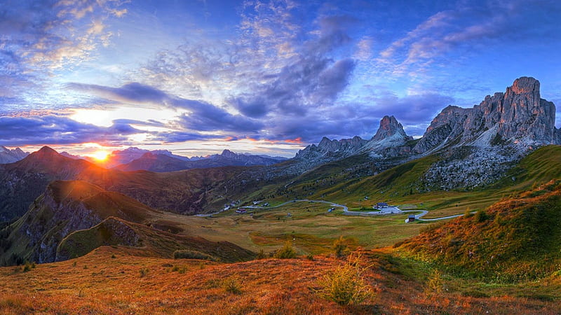 Giau Pass Sunset, Italy, Alps, grass, bonito, sunset, sky, clouds, valley, Dolomites, road, high mountain pass, HD wallpaper