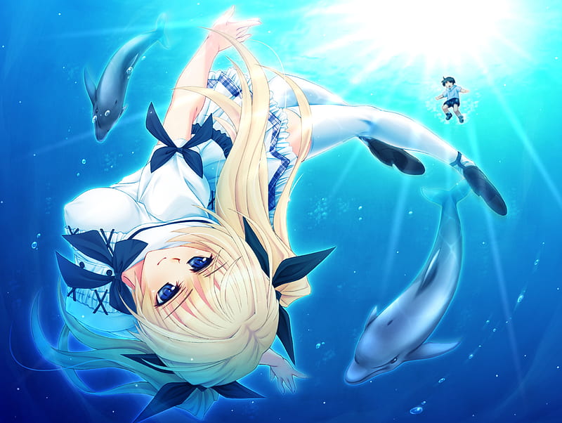 anime, aqua, delfin, blue eyes, blue, yelow hair, HD wallpaper