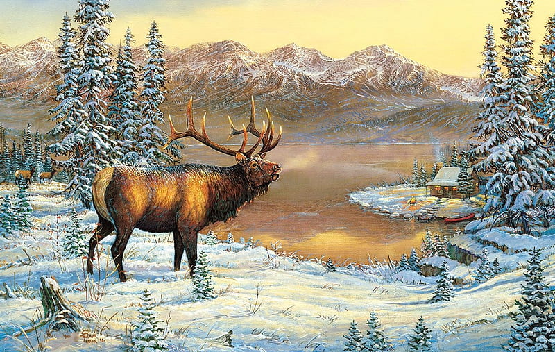 Elk by the Cabin, mountains, winter, deer, snow, painting, artwork, HD  wallpaper | Peakpx