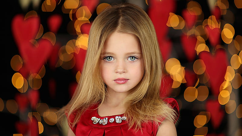 Green Eyes Little Girl With Blonde Hair Is Wearing Red Dress In Red Yellow  Lights Background Cute, HD wallpaper | Peakpx