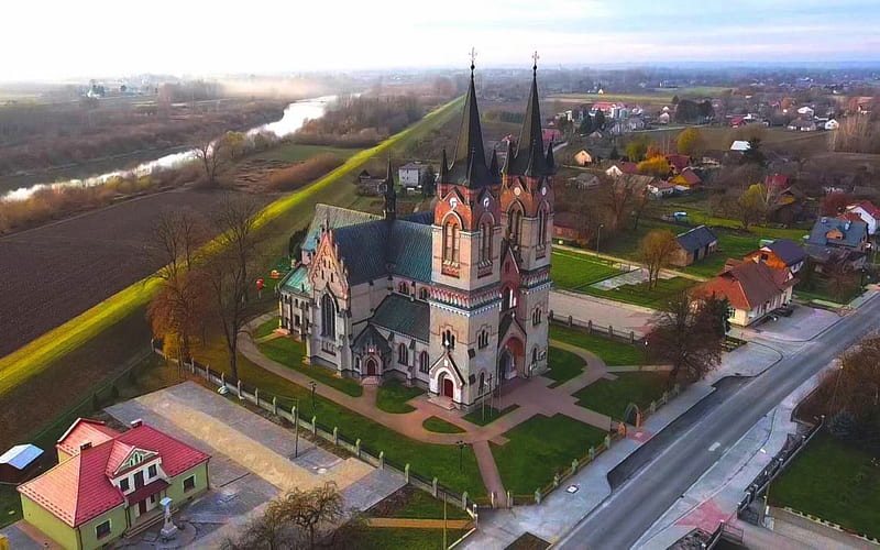 Church in Poland, Poland, village, river, church, aerial, HD wallpaper