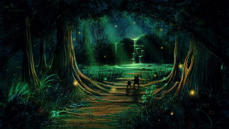 Enchanted Forest, dark, individuals, painting, trees, artwork, lights, HD wallpaper