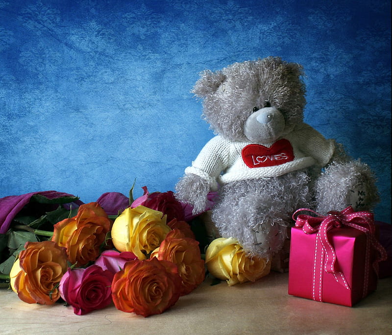 still life, rose, box, bonito, valentine, graphy, nice, gentle, love, flowers, harmony, holiday, gift, roses, cool, bouquet, heart, flower, teddy bear, HD wallpaper