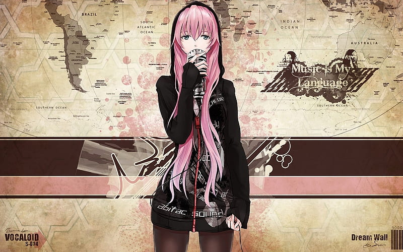 Megurine Luka, vocaloid, microphone, anime, music, pink hair, map, HD wallpaper