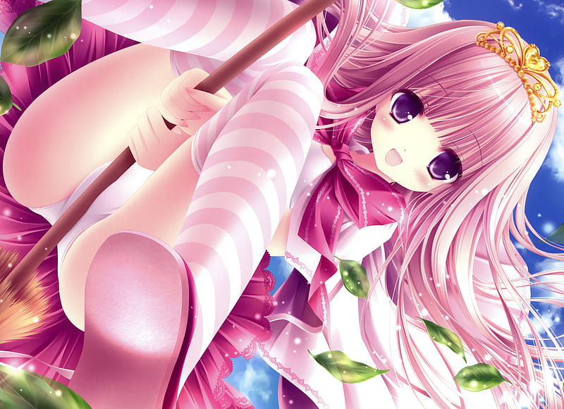 swing, loli, bow, purple eyes, long hair, sky, pink hair, tinkle, HD wallpaper