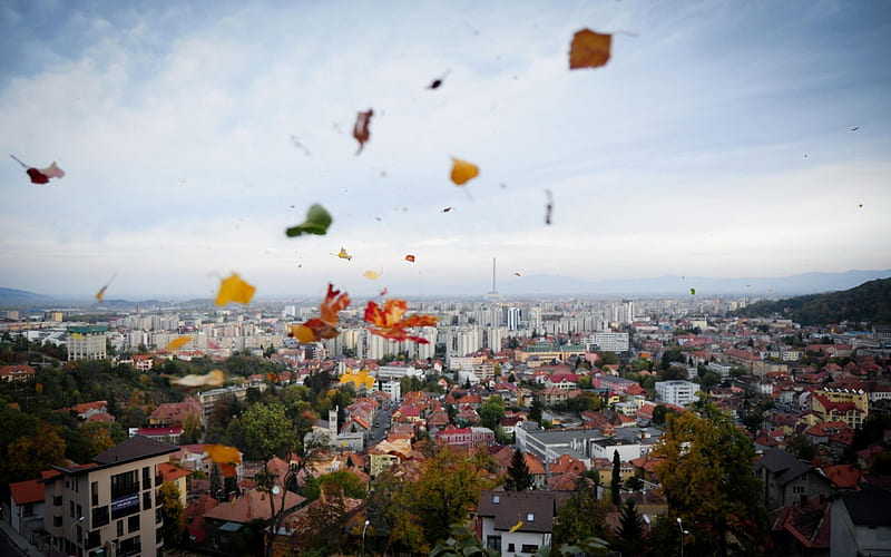 Brasov, architecture, autumn, romania, buildings, bonito, sky, clouds, leafs, city, medieval, nature, HD wallpaper