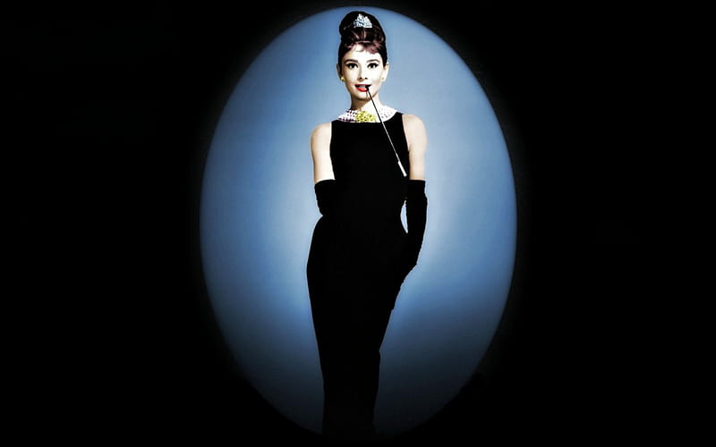 Audrey Hepburn, dress, girl, actress, black, woman, blue, HD wallpaper