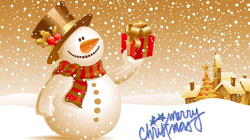Snowman With Gift Box In Snowfall Background Cute Christmas, HD wallpaper