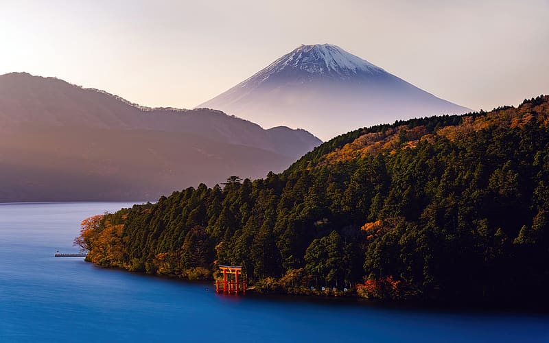 Japan Mount Fuji Fog Autumn Lake Panorama, HD wallpaper