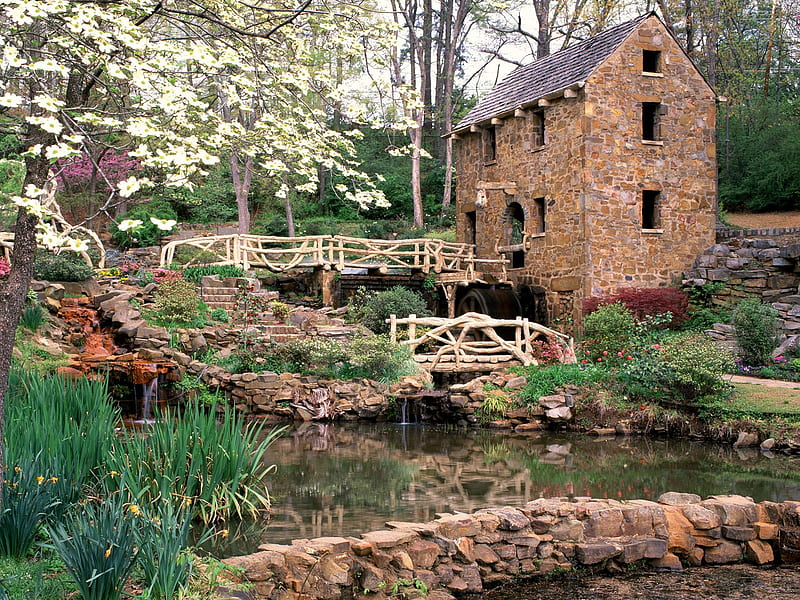 The Old Mill North, forest, house, water, watermill, little rock, mill, arkansas, HD wallpaper