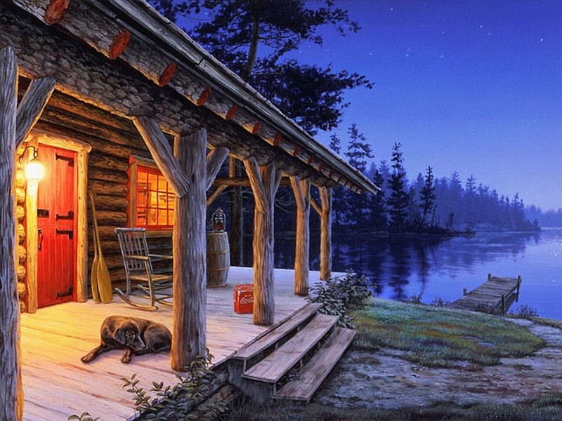 Silent Place, veranda, forest, painting, evening, loghut, lake, dog, HD wallpaper