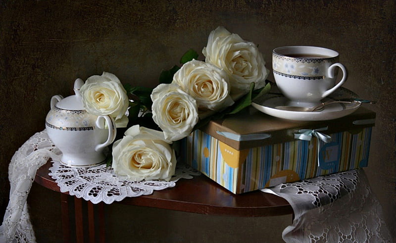 Still Life, rose, white roses, box, roses, tea, graphy, cup, flowers, nature, petals, HD wallpaper