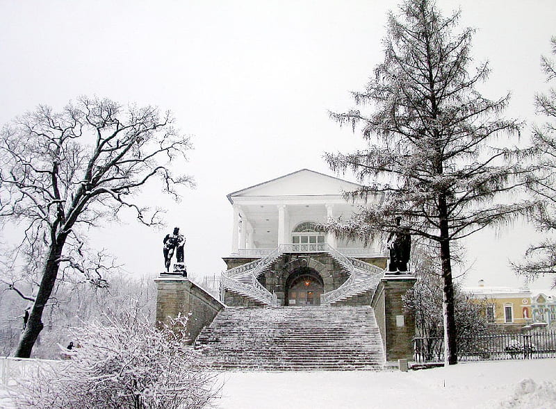 The mansion, architecture, graph, pic, house, stairs, trees, wall, winter, statues, snow, mansion, white, HD wallpaper