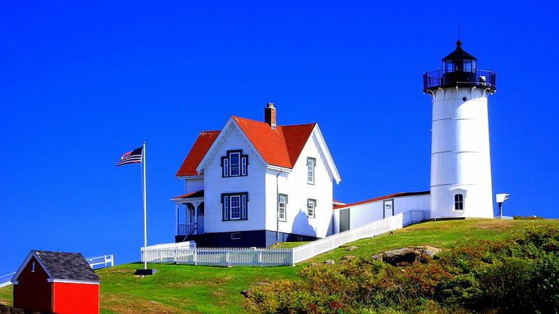 Blue sky over american lighthouse, grass, sky, flag, lighthouse, blue ...