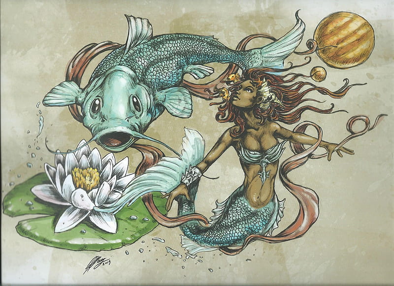 Zodiac ~ Pisces, blue ocean design, pisces, peste, art, lotus, fish, mermaid, african zodiac, fantasy, girl, flower, siren, HD wallpaper
