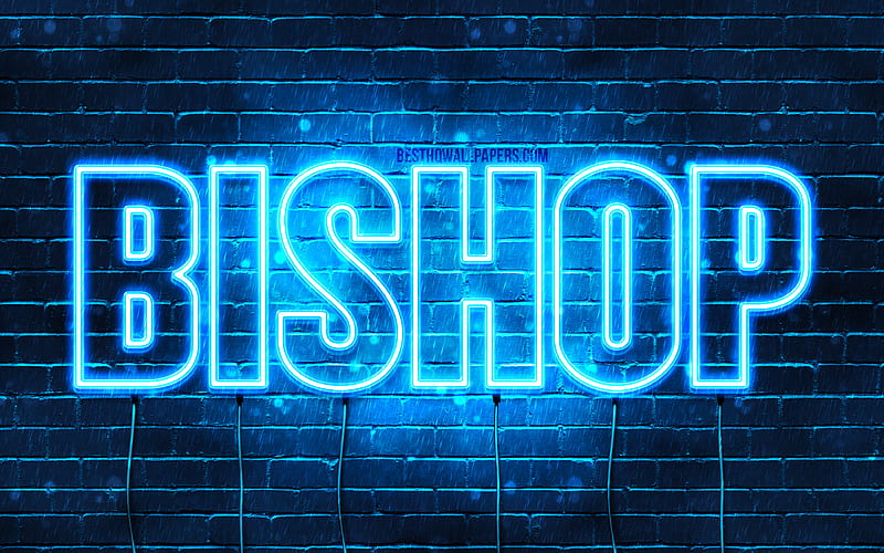 Bishop with names, horizontal text, Bishop name, Happy Birtay Bishop, blue neon lights, with Bishop name, HD wallpaper