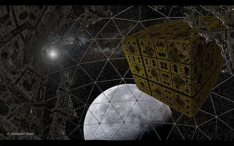 Moon, Gold, Fractal, Space, Sci Fi, Cube, Dome, HD wallpaper