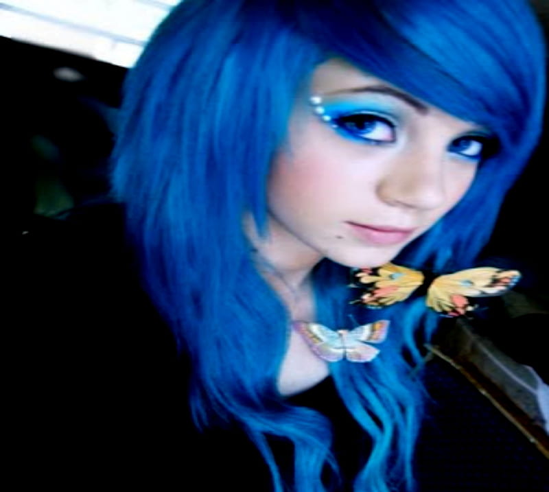 Blue Hair Girl Butterflies Hair Girl Woman Blue Hd Wallpaper Peakpx 