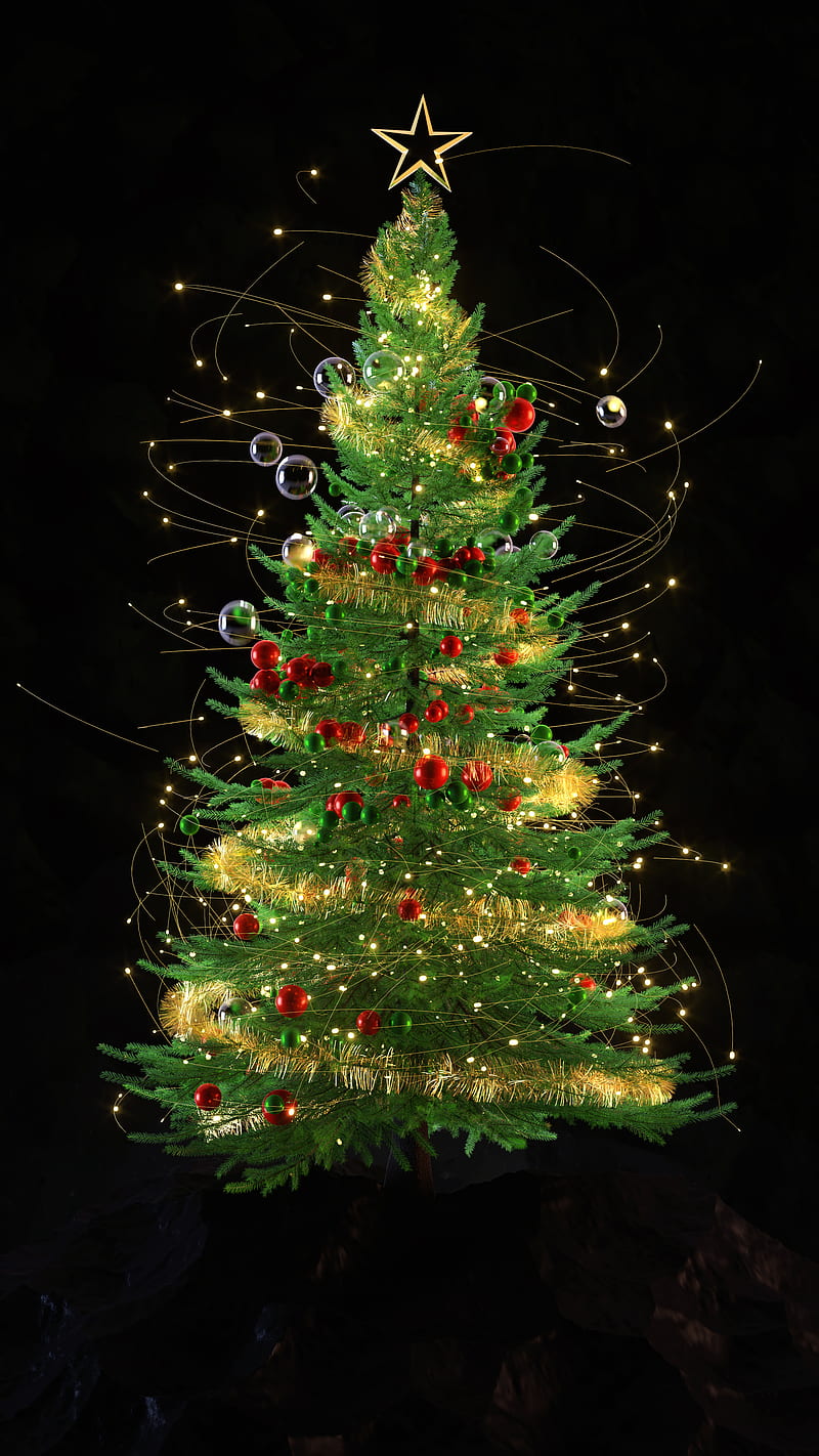 2021 Christmas Tree B, Christmas Tree, black, dark, glass, gold, green, new year, red, HD phone wallpaper