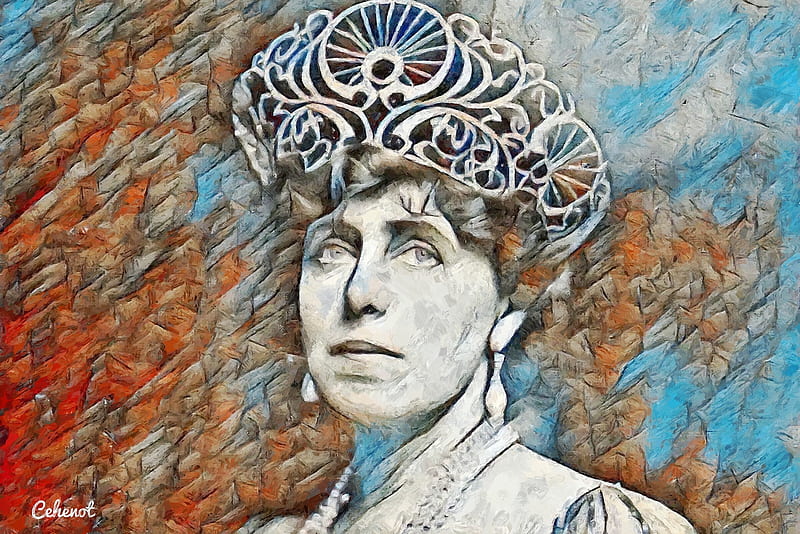 Queen Marie of Romania, art, zi nationala, 1 decembrie, orange, romania, by cehenot, queen marie, cehenot, regina maria, crown, tiara, portrait, blue, HD wallpaper