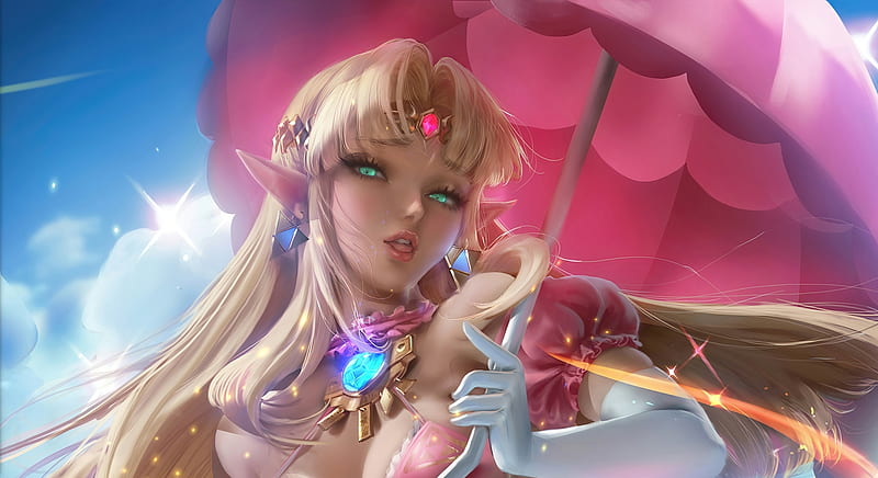 Zelda, sakimichan, parasol, pink, princess, blue, frumusete, luminos, blonde, umbrella, fantasy, girl, HD wallpaper