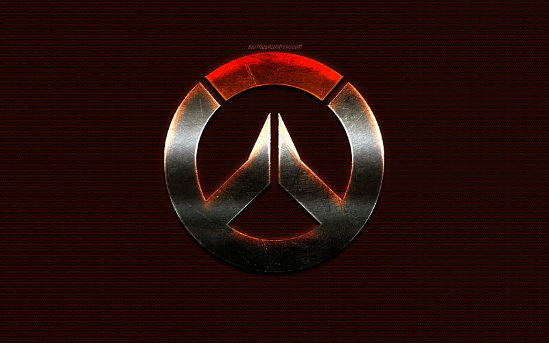 Overwatch, emblem, logo, creative art, dark orange background, Overwatch metallic logo, popular games, HD wallpaper
